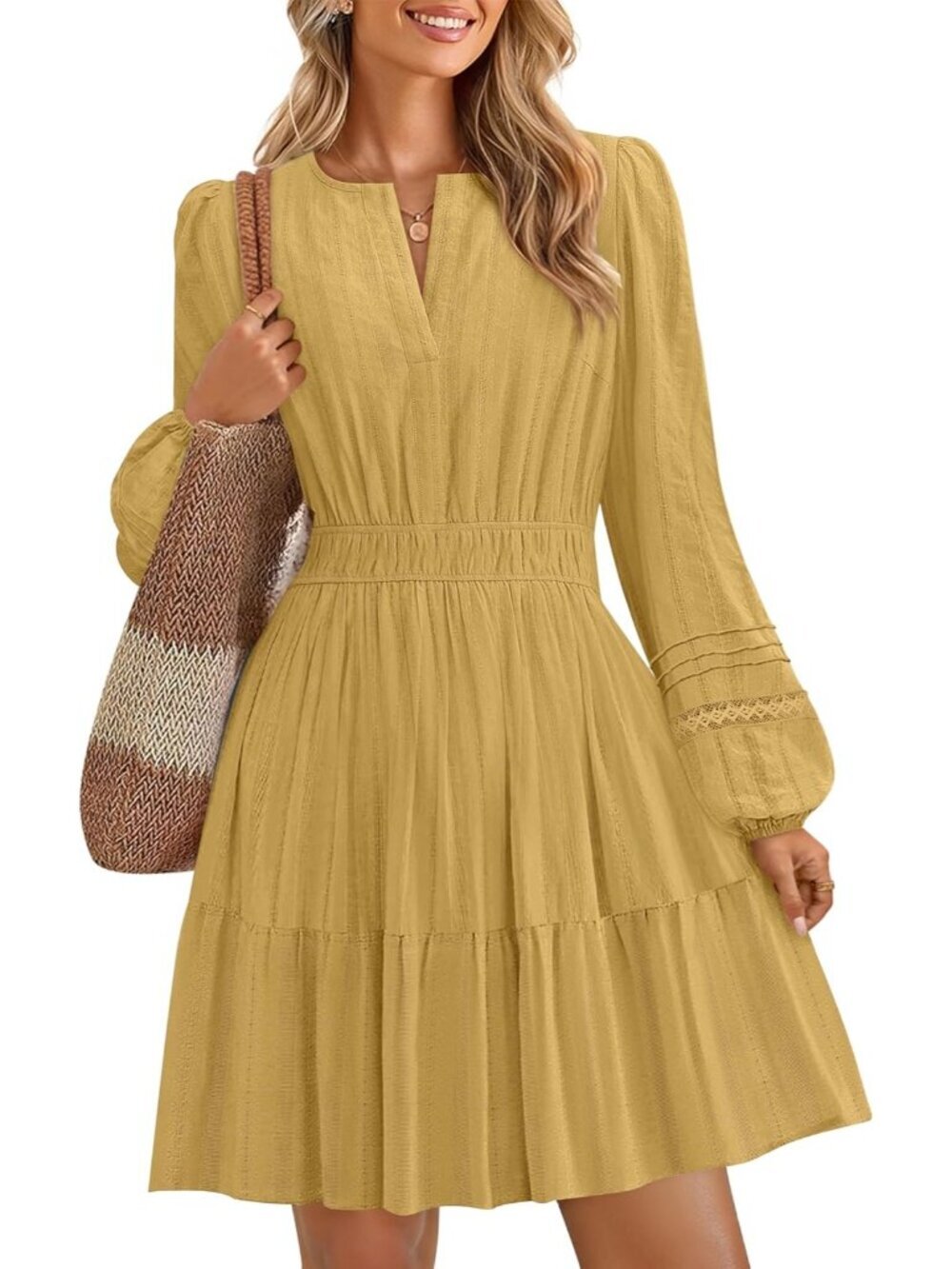 Women's Yellow Long Sleeve V Neck High Waist Ruffle Pleated LINE Mini Dress